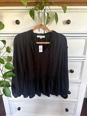 LOFT Black Ruffled V-Neck Peplum Blouse
